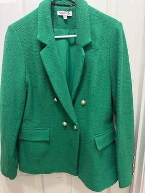 Nanette Lepore Kelly Green Double-Breasted Boucle Tweed Blazer with Pearl Button
